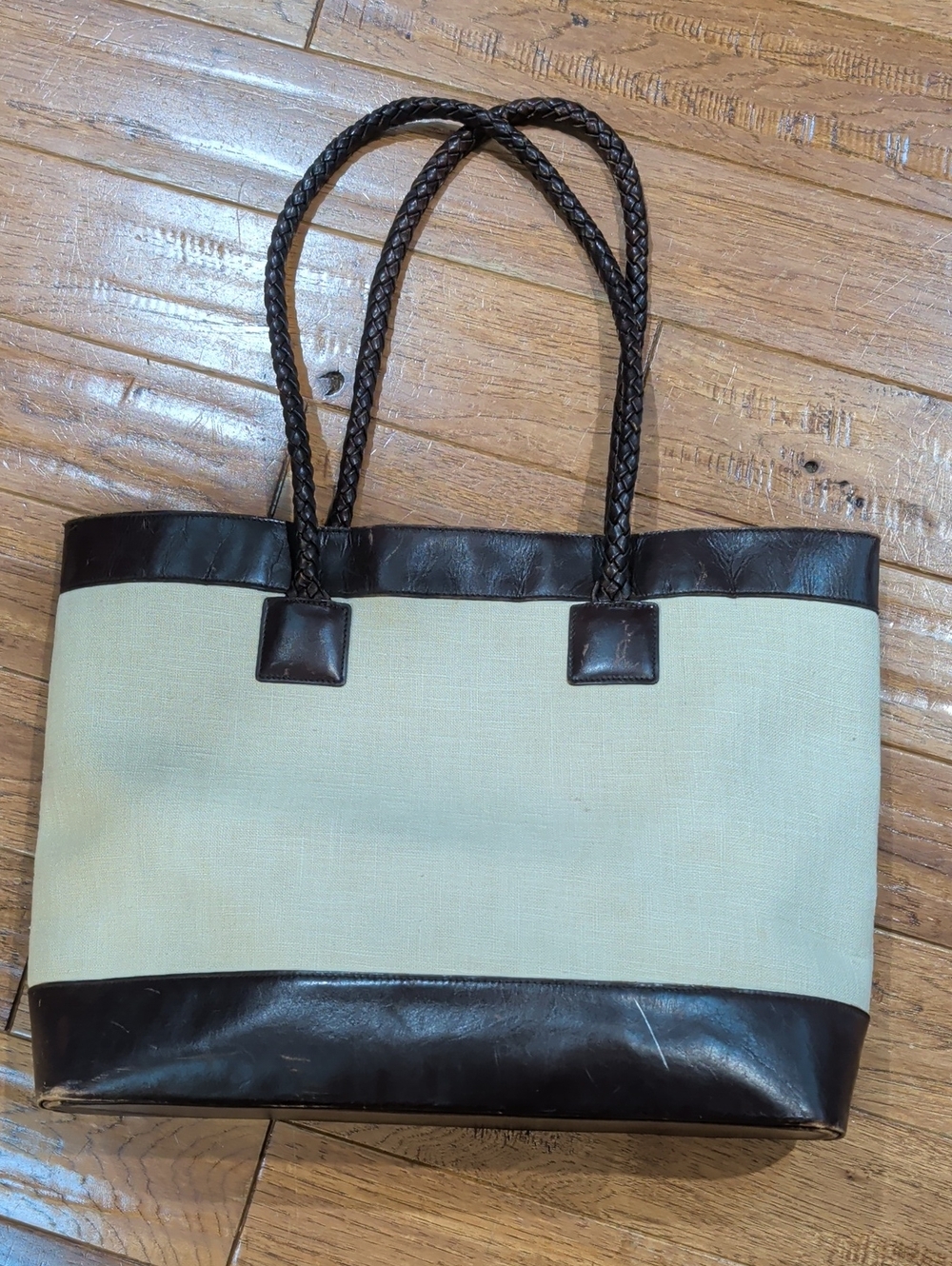 Lauren Ralph Lauren Canvas and Brown Leather Tote Bag - Neutral Canvas